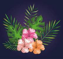 fiori con decorazione di rami e foglie tropicali vettore