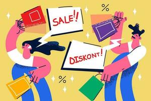 felicissimo diverso persone eccitato con di stagione inverno vendita o promozione nel shopping centro o centro commerciale. contento acquirenti o clienti Acquista acquistare su sconto o offerte. consumismo. vettore illustrazione.