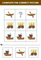 formazione scolastica gioco per bambini per scegliere e completare il corretta immagine di un' carino cartone animato barca kayak o carro stampabile mezzi di trasporto foglio di lavoro vettore