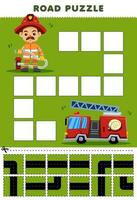 formazione scolastica gioco per bambini strada puzzle Aiuto pompiere mossa per il camion dei pompieri stampabile professione foglio di lavoro vettore