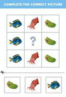 formazione scolastica gioco per bambini per scegliere e completare il corretta immagine di un' carino cartone animato mare cetriolo seppia o dory pesce stampabile subacqueo foglio di lavoro vettore