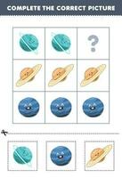 formazione scolastica gioco per bambini per scegliere e completare il corretta immagine di un' carino cartone animato Urano Saturno o Nettuno pianeta stampabile solare sistema foglio di lavoro vettore