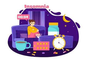 insonnia vettore illustrazione con giovane persone incapace per dormire, pensiero e occhi Aperto a notte Camera da letto nel piatto cartone animato mano disegnato modelli