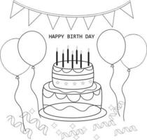 scarabocchio o schizzo, nero linea elemento, contento compleanno torta con candele, compleanno bandiere, i regali, nastri, palloncini per celebrare anniversario vettore