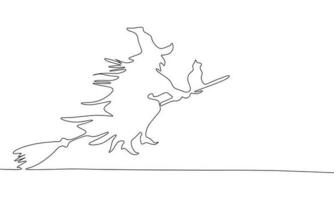 continuo linea strega su manico di scopa con gatto arte. singolo linea Halloween concetto. linea arte, schema, bandiera nel minimalismo stile. vettore illustrazione