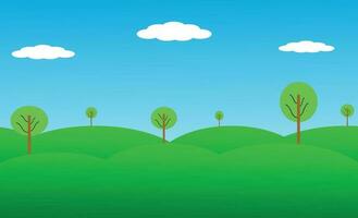 vettore illustrazione di bellissimo estate i campi paesaggio con un' alba, verde colline, luminosa colore blu cielo, nazione sfondo nel piatto cartone animato stile striscione.