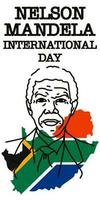 Nelson mandela internazionale giorno. azione vettore illustrazione. contorno ritratto di un' grave uomo contro il sfondo di il bandiera e il schema di Sud Africa. diritti, forza, vittoria, uguaglianza