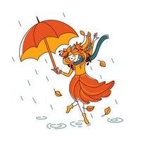 sorridente ragazza danza nel il pioggia. autunno illustrazione. vettore. vettore