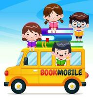 vettore cartone animato bookmobile con contento bambini