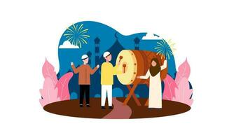 felice eid mubarak, concetto di saluto del ramadan mubarak con l'illustrazione del carattere della gente vettore