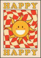 collezione di luminosa Groovy manifesti anni '70. retrò manifesto con psichedelico fiori e funghi, Sorridi viso, sole, contento estate o primavera. Vintage ▾ stampe con grunge struttura. vettore
