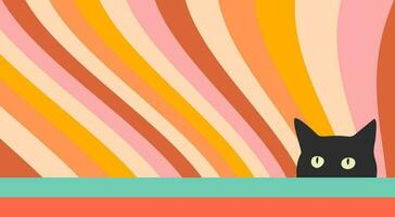 retrò Groovy colorato astratto sfondo con carino nero gatto. orizzontale fondale con onde e gattino testa viso silhouette nel retrò stile anni '60, anni '70.. comico vettore illustrazione