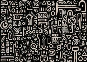 astratto modello nel nero e bianca con vario forme e simboli, nel il stile di afrocolombiano temi, forma libera minimalismo, ricco di consistenza, espansivo vettore