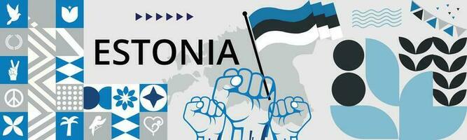 Estonia carta geografica e sollevato pugni. nazionale giorno o indipendenza giorno design per Estonia celebrazione. moderno retrò design con astratto icone. vettore illustrazione.