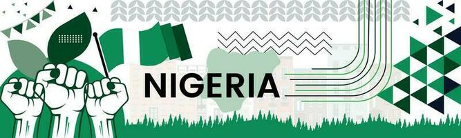 Nigeria carta geografica e sollevato pugni. nazionale giorno o indipendenza giorno design per Nigeria celebrazione. moderno retrò design con astratto icone. vettore illustrazione.