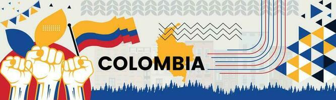 Colombia carta geografica e sollevato pugni. nazionale giorno o indipendenza giorno design per Colombia celebrazione. moderno retrò design con astratto icone. vettore illustrazione.