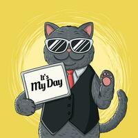 semplice internazionale gatto giorno bandiera con mano disegnato sorridente gatto indossare sole bicchieri Tenere tavoletta illustrazione vettore