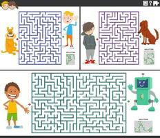 labirinto attività Giochi impostato con cartone animato bambini formica loro animali domestici e giocattoli vettore