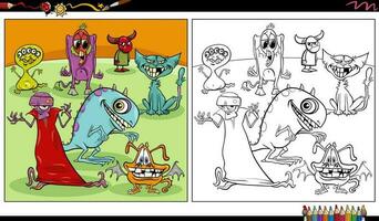 divertente comico mostri o alieni personaggi gruppo colorazione pagina vettore
