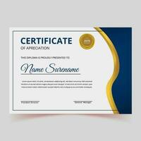 blu e oro certificato di realizzazione modello impostato con oro distintivo e confine, vettore illustrazione, vettore, disegno, volantino, premio diploma design vuoto