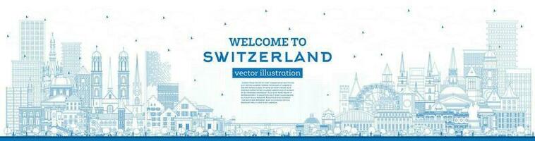 benvenuto per Svizzera. schema città orizzonte con blu edifici. Svizzera paesaggio urbano con punti di riferimento. vettore