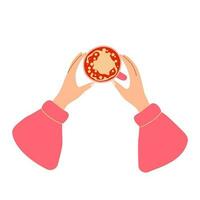 vettore illustrazione di femmina mani Tenere un' tazza di caffè con latte. superiore Visualizza. caldo tempo nel autunno.