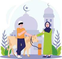 musulmano donna acquisto un' mucca per eid al adha illustrazione vettore