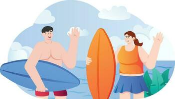 donna e uomo fare surf su estate vacanza illustrazione vettore