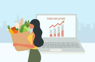 inflazione e crisi alimentari, donna con carrello della spesa e illustrazione vettoriale del grafico a freccia in aumento. inflazione alimentare, aumento dei prezzi alimentari dalla recessione economica