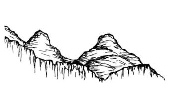selvaggio paesaggio, disegnato a mano vettore illustrazione di un' nero schema su un' bianca sfondo, silhouette di montagne, picchi, roccioso terreno. per turismo, viaggiare, natura di montagnoso Paesi, cartoline.