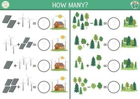 Come molti alberi, vento turbine e solare pannelli gioco. ecologico Casa matematica aggiunta attività per prescolastico bambini. semplice eco terra giorno stampabile conteggio foglio di lavoro per bambini vettore