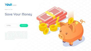 Salvataggio i soldi con porcellino banca concetto, moderno isometrico porcellino banca, i soldi e monete su astratto sfondo per sito web modello. vettore illustrazione.