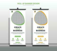 creativo attività commerciale agenzia rotolo su bandiera disegno, aziendale rollup bandiera con verde, giallo 2 colore modello professionista vettore