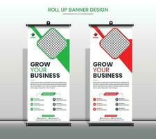 creativo attività commerciale agenzia rotolo su bandiera disegno, aziendale rollup bandiera con verde, rosso colore modello professionista vettore