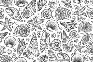 linea arte senza soluzione di continuità modello con schema conchiglie e molluschi. lineare illustrazioni con subacqueo creature nel nero e bianca colori. vettore