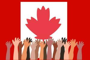 persone mani su il sfondo di il bandiera di Canada. Canada giorno vettore