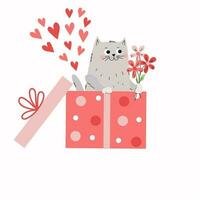 gatto nel un' regalo scatola con un' mazzo di fiori. cuore forma. festivo carta design. compleanno saluti, San Valentino giorno, nozze. vettore illustrazione, isolato sfondo.