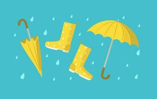 impostare. Aperto ombrello , scarpe, gomma da cancellare stivali e chiuso ombrello . luminosa ombrello e gocce di pioggia. il piovoso stagione. piovoso tempo atmosferico. piatto stile. vettore illustrazione, sfondo isolato.