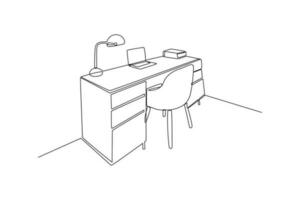 singolo uno linea disegno ufficio stazione di lavoro mobilia interno concetto. continuo linea disegnare design grafico vettore illustrazione.