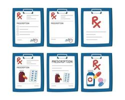 rx clipart cartone animato stile. rx medico prescrizione modulo appunti piatto vettore impostato illustrazione mano disegnato scarabocchio stile. ospedale e medico concetto