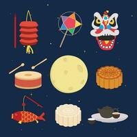 medio autunno Festival o Luna Festival vettore impostare. lanterna, Leone danza, tamburellare, pieno Luna, Luna torta, tè impostato cartone animato clipart, piatto design