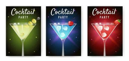 cocktail festa striscione, manifesto, volantino, invito con diverso genere di bevande. vettore