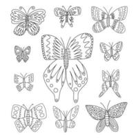 diverso tipi farfalle vettore mano disegnato impostare. nero e bianca farfalle scarabocchio impostare. cavolo, pavone farfalla e viola imperatore