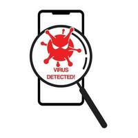 smartphone il malware virus e bug rilevato illustrazione con lente d'ingrandimento su smartphone schermo vettore