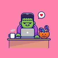 carino Frankenstein Lavorando su il computer portatile con caramella e caffè cartone animato vettore icona illustrazione. persone vacanza icona concetto isolato premio vettore. piatto cartone animato stile