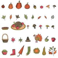 autunno elementi impostare. ringraziamento giorno elementi. le foglie , zucche, turco, torta, tazze e altro accogliente vettore illustrazioni per grande autunno