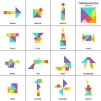 tangram puzzle gioco per bambini. vettore colorato collezione con vario isolato oggetti. isolato tangram oggetti icone su bianca sfondo. vettore illustrazione