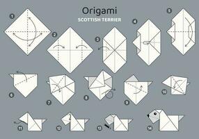 Scozzese terrier origami schema lezione in movimento modello su grigio sfondo. origami per bambini. passo di passo Come per rendere un' carino origami cane. vettore illustrazione.