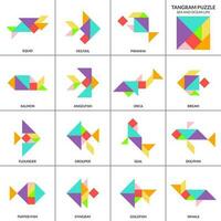 tangram puzzle gioco per bambini. vettore colorato collezione con vario isolato pesce. isolato tangram mare e oceano vita icone su bianca sfondo. vettore illustrazione