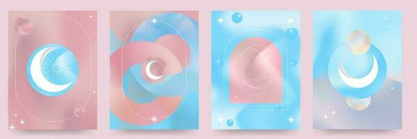 impostato di blu e rosa pastello pendenza sfondi. lune e geometrico Linee nel liquido gradienti, fluente stile. olografico forme. vettore astratto arte.